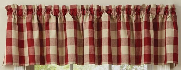 Wicklow Valance - Garnet , casual and classic, this valance features large buffalo check garnet and tan checks. Primitive Country Farmhouse Window Treatments Curtains Home Decor.