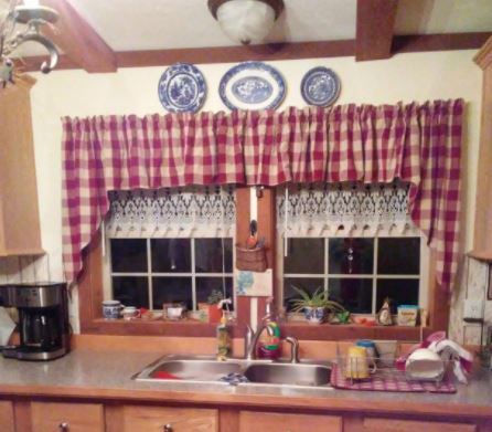 Wicklow Swag - 36"L - Garnet.&nbsp; Large Garnet and Tan Checks 100% Cotton Fabric Measures 72"W x 36"L Unlined 1.5" Header with 2" Rod Pocket. Primitive Country Farmhouse Cabin Window Treatment Curtain Home Decor.