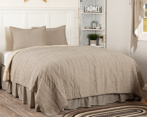 Sawyer Mill Charcoal Ticking Stripe California King Quilt Set; 1-Quilt 130Wx115L w/2 Shams 21x37, Both quilt and shams contain repeating, black ticking stripes woven into dark creme cotton base fabric. Primitive Country Farmhouse Bedding Home Decor.