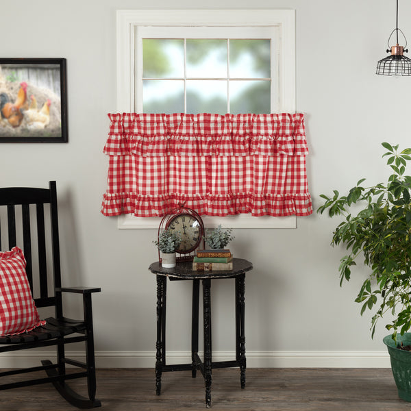 Annie Buffalo Red Check Ruffled Tier Set of 2 L24xW36, Country Red, Antique Creme, Primitive Country Farmhouse Window Treatments Curtains Home Decor.