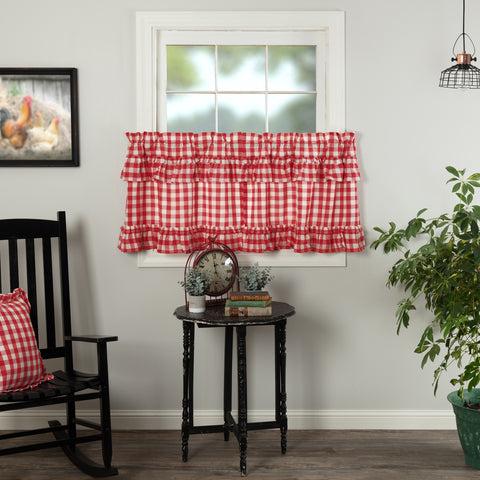Annie Buffalo Red Check Ruffled Tier Set of 2 L24xW36, Country Red, Antique Creme, Primitive Country Farmhouse Window Treatments Curtains Home Decor.