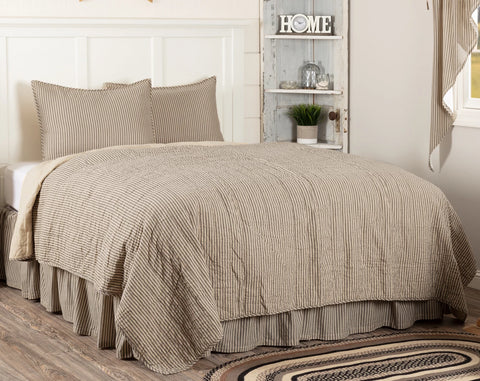 Sawyer Mill Charcoal Ticking Stripe Twin Quilt Set; 1-Quilt 68Wx86L w/1 Sham 21x27, repeating, black ticking stripes woven into dark creme cotton base fabric. Primitive Country Farmhouse Bedding Home Decor.