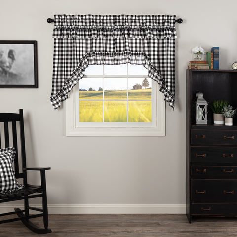 Annie Buffalo Black Check Ruffled Swag Set of 2 36x36x16, large scale black and white checks, Primitive Country Farmhouse Window Treatments Curtains Home Decor.