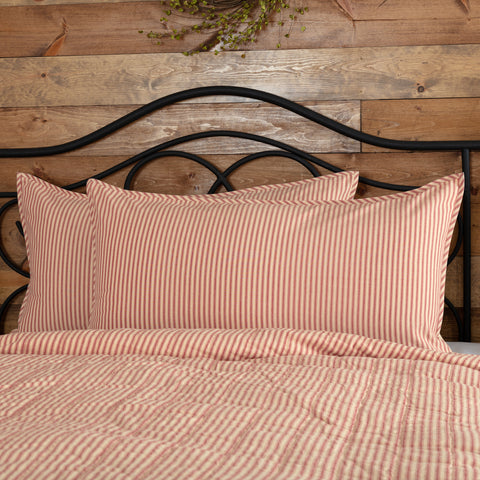 Sawyer Mill Red Ticking Stripe King Sham 21x37, featuring vertical channel hand quilting with repeating, red ticking stripe woven into solid cotton base.