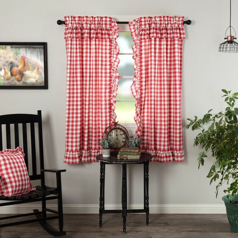 Annie Buffalo Red Check Ruffled Short Panel Set of 2 63x36, Country Red, Antique Creme, Primitive Country Farmhouse Window Treatments Curtains Home Decor.