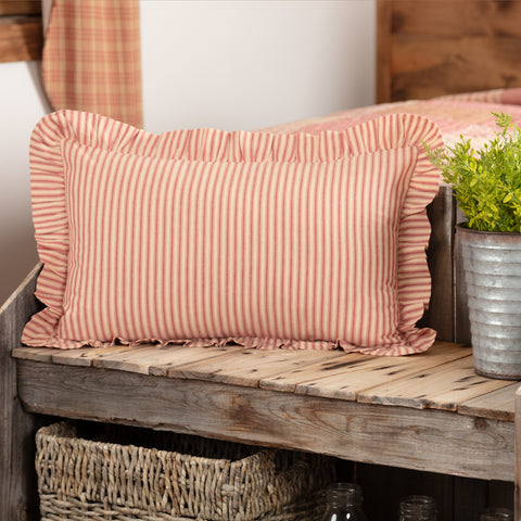 Sawyer Mill Red Ticking Stripe Fabric Pillow 14x22 features repeating country red ticking stripes woven onto a dark tan base. Primitive Country Farmhouse Window Treatments Curtains Home Decor.