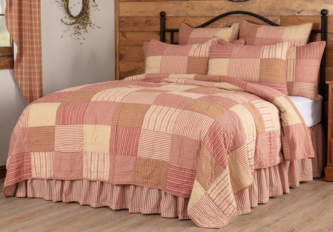 Sawyer Mill Red California King Quilt 130Wx115L, features simple block pattern in various plaid and stripes, work perfectly to set a Farmhouse mood for the bedroom. This cozy quilt is ash  Red, Dark Tan, Dark Creme, Primitive Country Farmhouse  Quilted Bedding.