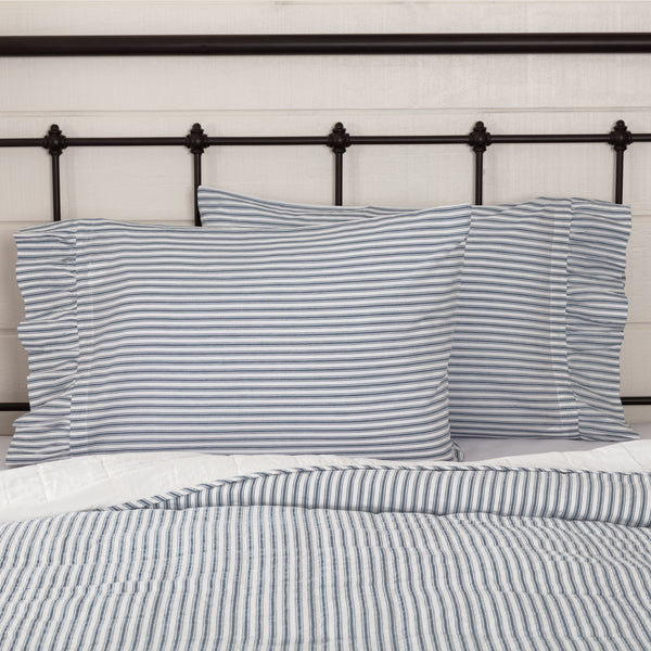 Sawyer Mill Blue Ticking Stripe Standard Pillow Case Set of 2 21x30 features repeating denim blue ticking stripes on a soft white base. Primitive Country Farmhouse Bedding Home Decor.