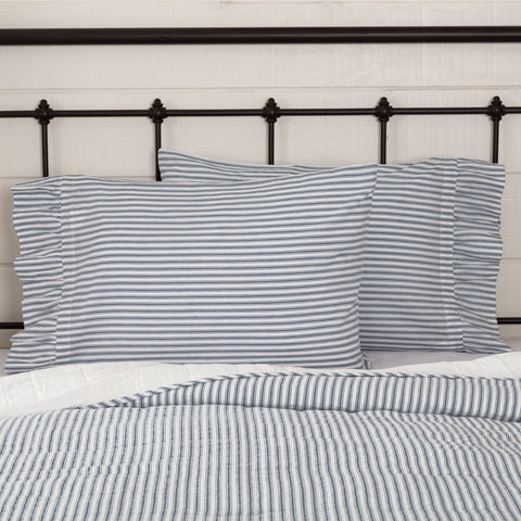 Sawyer Mill Blue Ticking Stripe Standard Pillow Case Set of 2 21x30 features repeating denim blue ticking stripes on a soft white base. Primitive Country Farmhouse Bedding Home Decor.
