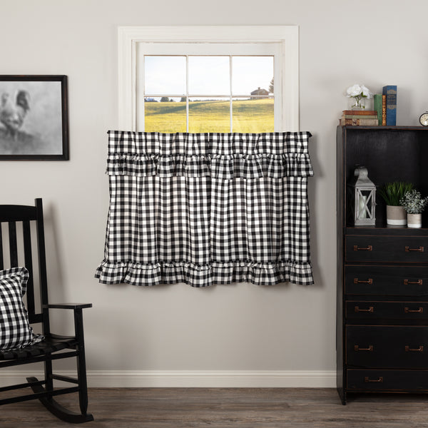 Annie Buffalo Black Check Ruffled Tier Set of 2 L36xW36,  large scale black and white checks, Primitive Country Farmhouse Window Treatments Curtains Home Decor.