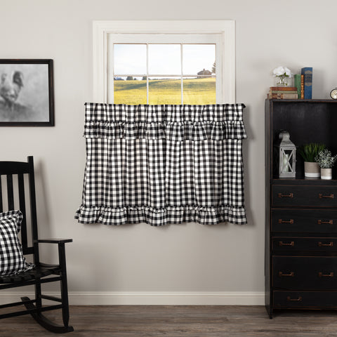 Annie Buffalo Black Check Ruffled Tier Set of 2 L36xW36,  large scale black and white checks, Primitive Country Farmhouse Window Treatments Curtains Home Decor.