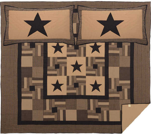 Black Check Star California King Quilt Set; 1-Quilt 130Wx115L w/2 Shams 21x37, 5-point star and confetti block patches accented with solid and check fabric borders, black and tan, Primitive Country Farmhouse Bedding Home Decor.