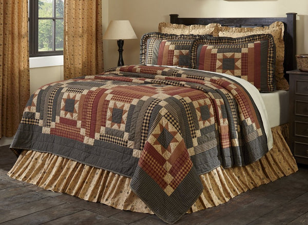 Maisie California King Quilt 130Wx115L,  8-point stars set in tan Irish chains of ditsy floral prints, Natural, Country Black, Burgundy, Primitive Country Farmhouse Quilted Bedding Home Decor.