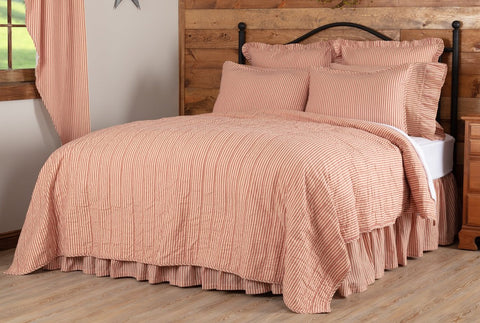 Sawyer Mill Red Ticking Stripe Luxury King Quilt Coverlet 120Wx105L, Country Red, Dark Tan, Primitive Country Farmhouse Bedding Home Decor.