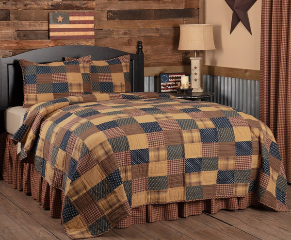 Patriotic Patch Queen Quilt Set; 1 Quilt and 2 Shams, Americana prints with plaids, stripes and checks, Deep red, navy, khaki, Primitive Country Farmhouse Home Decor.