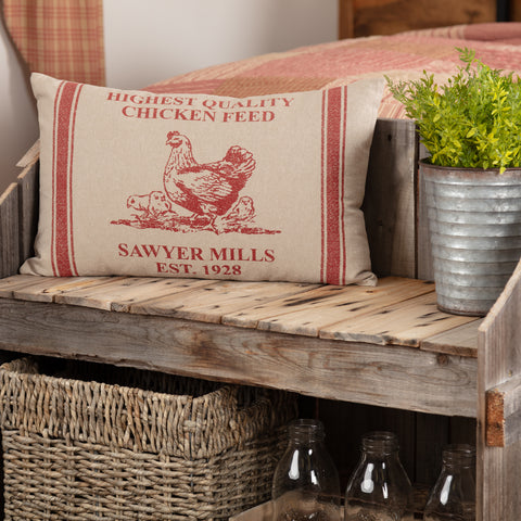 Sawyer Mill Red Hen and Chicks Pillow 14x22 features a stenciled chicken with the words "Highest Quality Chicken Feed" and grain sack stripes down both sides. Primitive Country Farmhouse Bedding Home Decor.