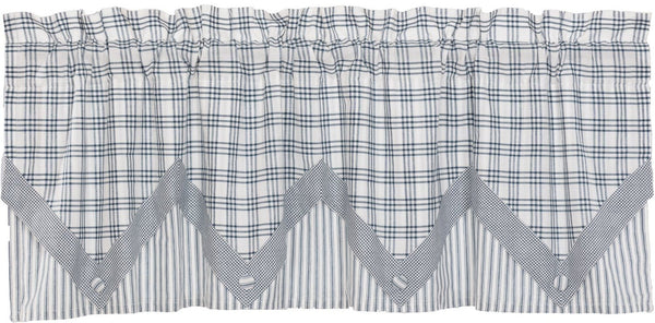 Sawyer Mill Blue Valance Layered 20x60, combines blue and white plaid with ticking stripes separated by a check pattern pointed edge with buttons, Primitive Country Farmhouse Window Treatments Curtains Home Decor.