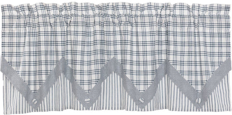 Sawyer Mill Blue Valance Layered 20x60, combines blue and white plaid with ticking stripes separated by a check pattern pointed edge with buttons, Primitive Country Farmhouse Window Treatments Curtains Home Decor.