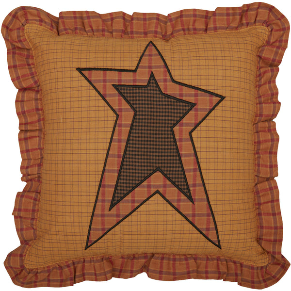 Stratton Applique Star Pillow 12x12, combines plaid and check in tan, red, and black, displayed in the center is an appliqued star for added texture and rustic charm. Primitive Country Farmhouse Bedding Home Decor.