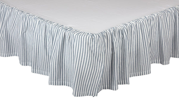 Sawyer Mill Blue Ticking Stripe King Bed Skirt 78x80x16, features repeating, denim blue ticking stripes woven into soft white cotton base.  Primitive Country Farmhouse Dust Ruffle Bedding Home Decor.