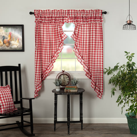 Annie Buffalo Red Check Ruffled Prairie Short Panel Set of 2 63x36x18, large scale red and white checks, Primitive Country Farmhouse Window Treatments Curtains Home Decor.