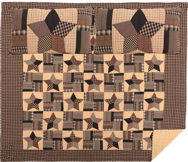 Bingham Star California King Quilt Set; 1 Quilt and 2 Shams, Black, khaki, and red plaid, check and printed fabrics showcasing alternating large 5-point star and confetti strip blocks, Primitive Country Farmhouse Quilted Bedding Home Decor.