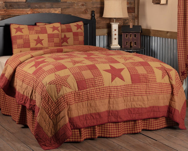 Ninepatch Star Twin Quilt Set; 1 Quilt and 1 Sham,  burgundy and dark tan check and plaid blocks with an array of country plaid stars, Primitive Country Farmhouse Quilted Bedding Home Decor.
