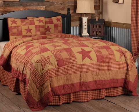 Ninepatch Star Twin Quilt Set; 1 Quilt and 1 Sham,  burgundy and dark tan check and plaid blocks with an array of country plaid stars, Primitive Country Farmhouse Quilted Bedding Home Decor.