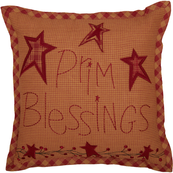 Ninepatch Star Prim Blessings Pillow 12x12 features burgundy and tan microcheck fabric trimmed with burgundy and tan check fabric with "Prim Blessings" embroidered on the front. Primitive Country Farmhouse Bedding Home Decor.