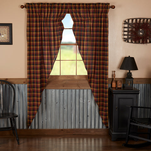 Heritage Farms Primitive Check Prairie Long Panel Set of 2 84x36x18, features burgundy, mustard, and raven black check. Primitive Country Farmhouse Window Treatments Curtains Home Decor.