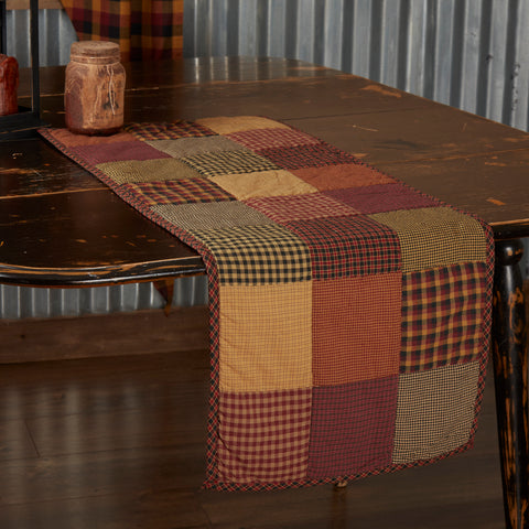 Heritage Farms Quilted Runner 13x36, red, yellow, and black patchwork . Primitive Country Farmhouse Kitchen Table Dining Home Decor.